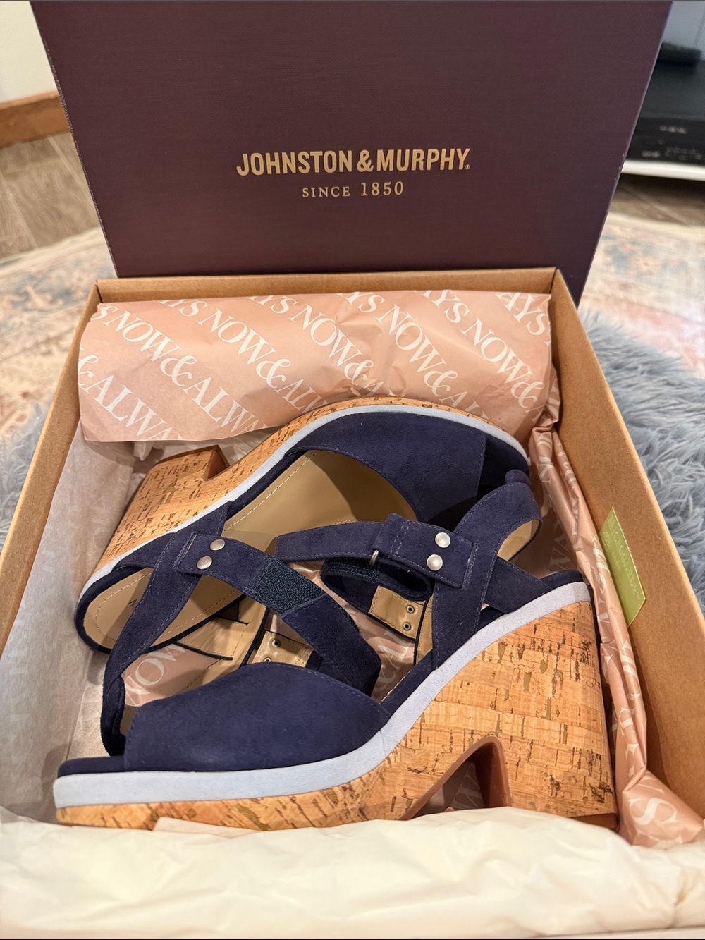 Johnston & Murphy Navy Suede Cork Wedge Sandals